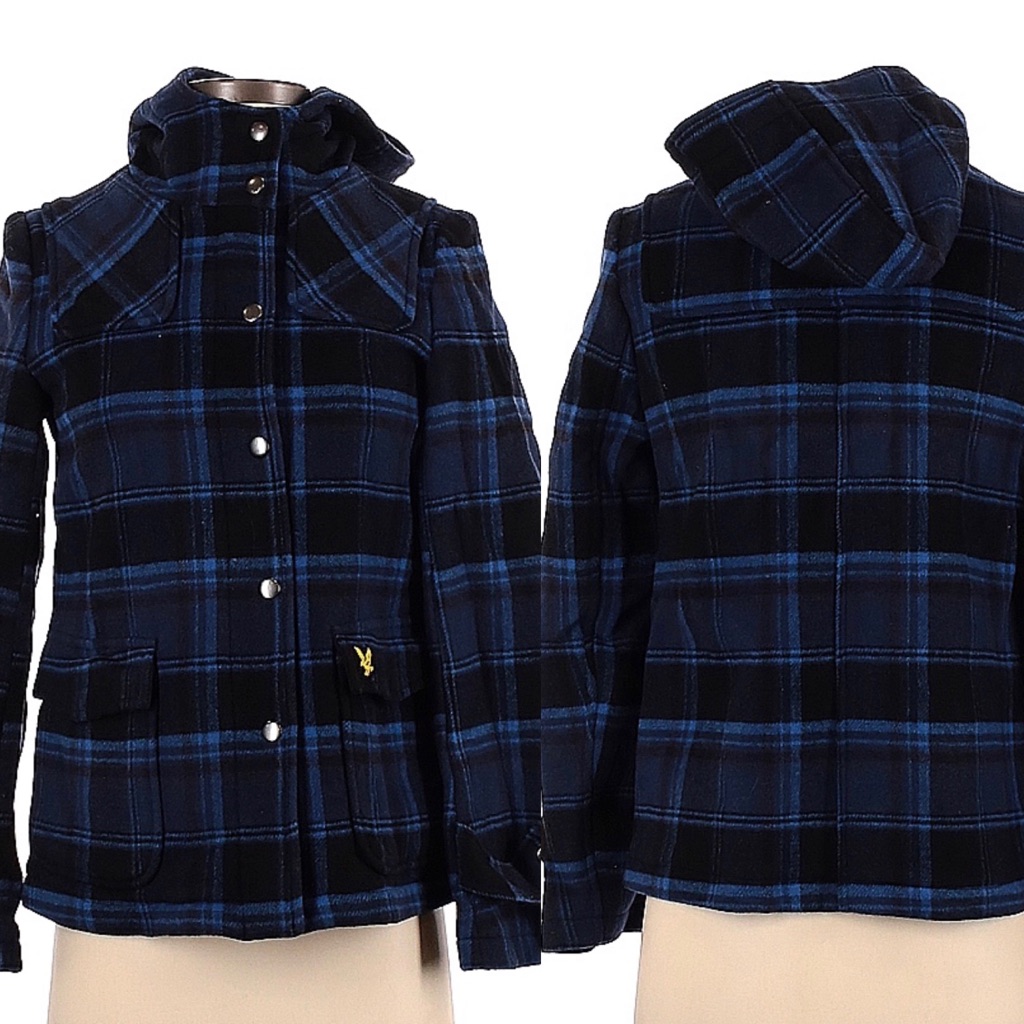 Lyle & Scott Medium Weight Bluetartan Plaid Academia Hooded Jacket Sz Xsmall